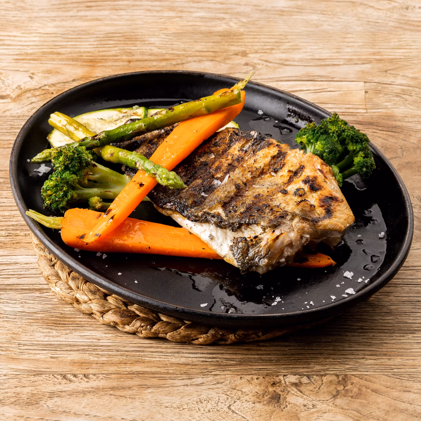 Wild seabass with vegetables and citrus vinaigrette